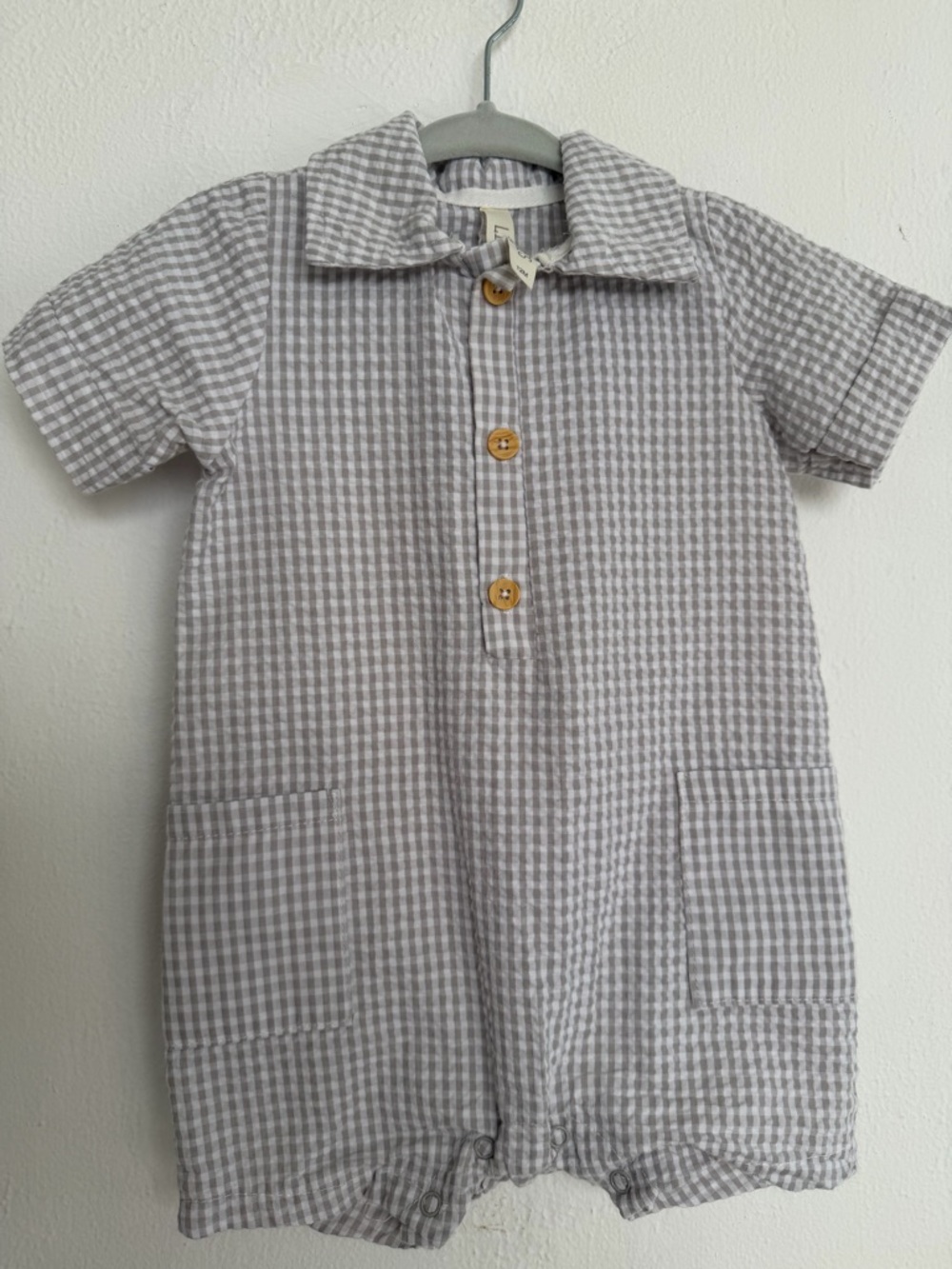 Gray Gingham Kids Matching Set Romper with Hat - Picture 3 of 5